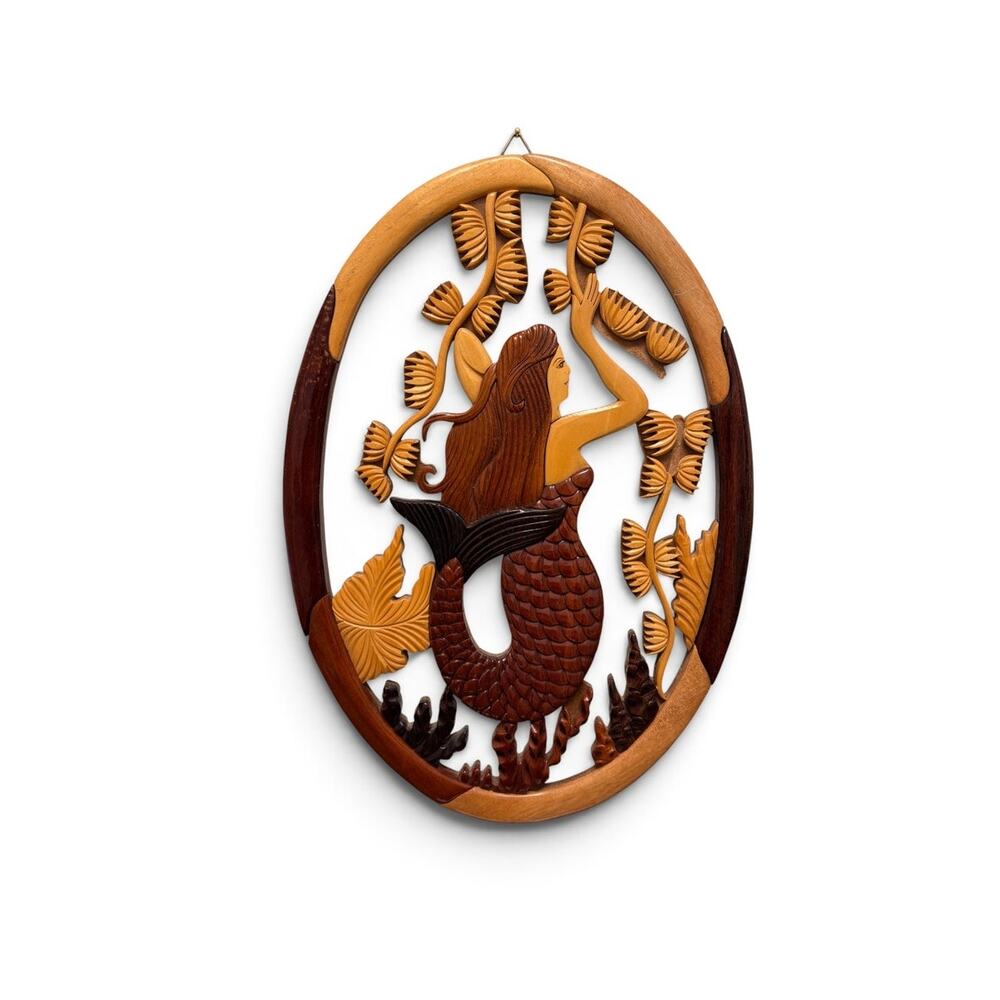 Handcrafted intarsia wood mermaid wall art plaque 3D oval multi tone brown